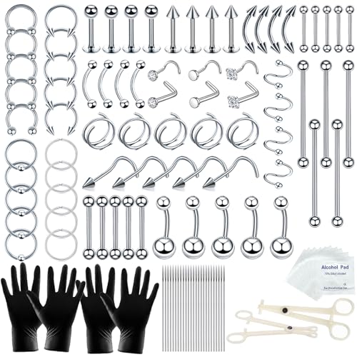 130 PCS Piercing Kit with Piercing Tools for Nose Septum Ear Lip Belly Button Tongue Tragus Cartilage for All Body Piercing with 20 PCS 14G 16G Piercing Needle