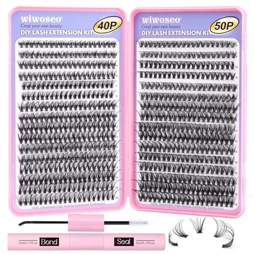640Pcs DIY Lash Extension Kit, Individual Lashes with Lash Bond and Seal DIY Eyelash Extension Kit D Curl Lash Clusters Kit, Individual Cluster Lashes Kit for Self Application At Home (40p+50p 9-16MM)