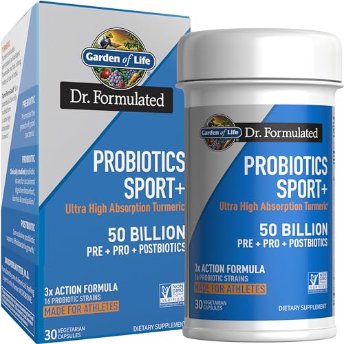 Garden of Life Dr Formulated Sport Probiotics Digestive Supplement, Organic Prebiotics for Women & Men Athletes, Clinically Studied Turmeric Curcumin, 50 Billion CFU, Gut Health, Acidophilus, 30ct