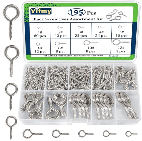 Screw Eyes Assortment Kit(195Pcs),0.75" 0.78" 0.90" 1" 1.1" 1.18" 1.39" 1.57" 1.75" Zinc Plated Eyelet Screws, Metal Small Tapping Screw Hooks Ring, Silver
