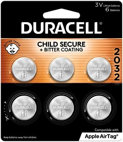 Duracell 2032 Lithium Battery. 6 Count Pack. Child Safety Features. Compatible with Apple AirTag, Key Fob, and other devices. CR2032 Battery Lithium Coin Battery. CR Lithium 3V Cell