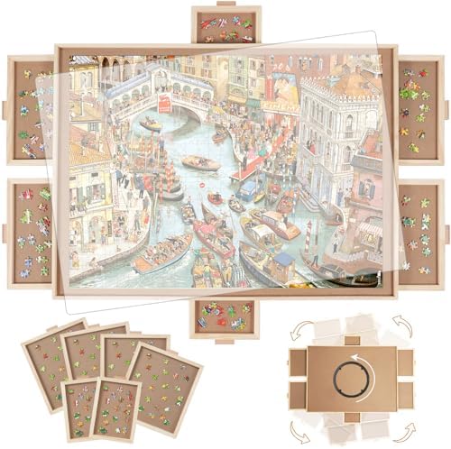 1500 Pieces Rotating Puzzle Board with 6 Drawers,26"x35" Portable Wooden Jigsaw Puzzle Table with Lazy Susan Spinning Cover