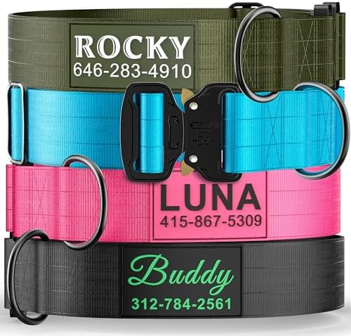 Personalized Tactical Dog Collar for Large Dogs, Heavy Duty Military Collar with Name, Made of Thick Nylon and Strong Metal Buckle for Maximum Durability, Available in Pink, Blue, Black, and Green