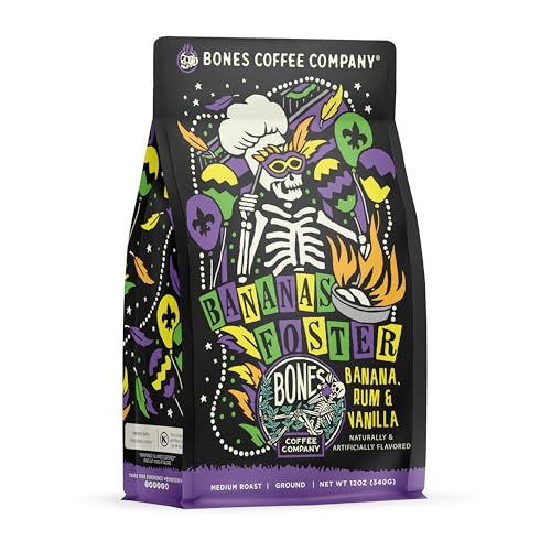Bones Coffee Company Bananas Foster Flavored Coffee Beans, Medium Roast Ground Coffee Low Acid, Banana Rum & Vanilla Flavor (12 oz)