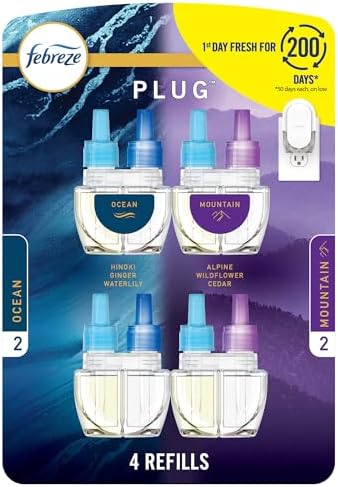 Febreze Plug In Air Freshener, Odor-Fighting Scented Oil Refill, Air Fresheners for Home and Bathroom and Kitchen, Long Lasting for Strong Odors, Ocean & Mountain Scents, 0.87oz Refills, 4 Count