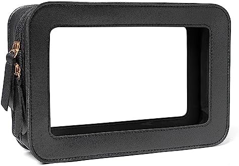 Clear Makeup Bag Organizer, TSA Approved Portable Travel Toiletry Bag Multipurpose Cosmetic Bag Case for Women Vegan Leather Make Up Pouch Transparent Vinyl Windows