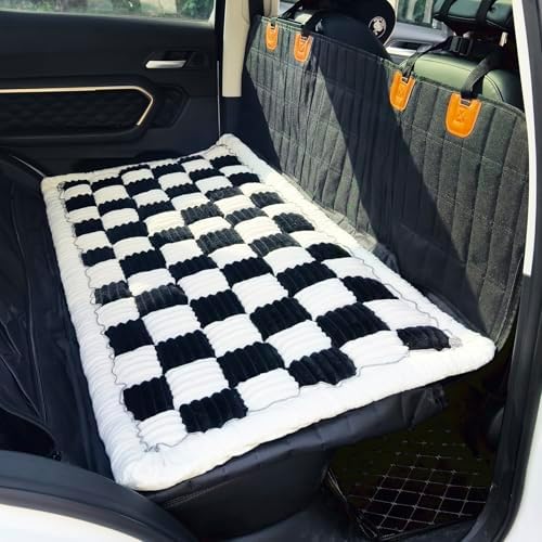 Backseat Pet Bed Mat, Plaid Dog Bed for Car Back Seat, Furry Dog Covers for Loveseats, Non-Slip Travel Dog Bed, Custom Fit for Backseat Extenders and Seat Covers (Black&White, 24.8x54 inch)