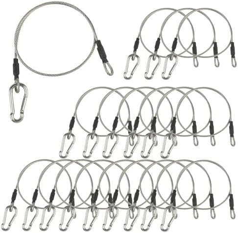 1/8" Stage Light Cables 20 Pack,23.6" Safety Cables with Carabiner Lock for DJ Light Equipments,Stainless Steel Wire Ropes,120lb Load Capacity