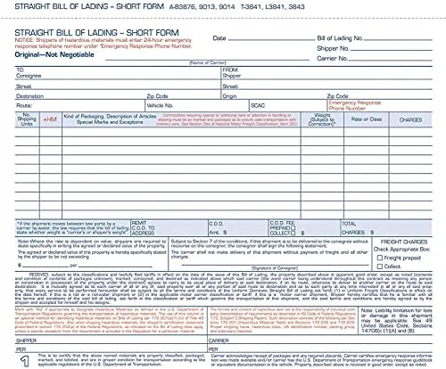 Adams Bill of Lading Short Form, 8.5 X 7.5 Inches, 3-part, 50-forms, White (9013)