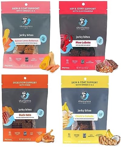 Shameless Pets Jerky Dog Treats, Variety 4-Pack - Healthy Chews with Chicken, Beef, Salmon & Duck for Dogs - Dog Treats with Real Ingredients - Free from Grain, Corn & Soy
