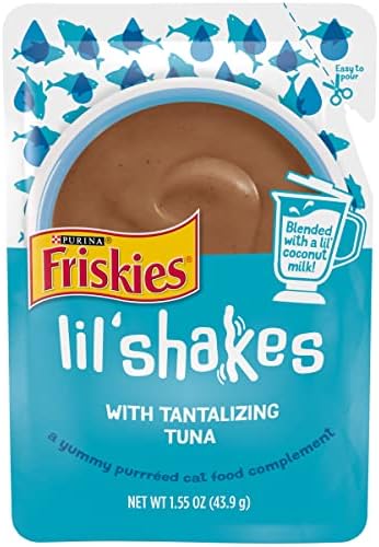 Purina Friskies Pureed Cat Food Topper, Lil’ Shakes With Tantalizing Tuna Lickable Cat Treats - (Pack of 16) 1.55 oz. Pouches