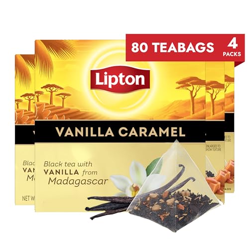 Lipton Black Tea Vanilla Caramel, Pyramid Tea Bags, Flavored Teabags for a Refreshing Cup of Tea, 80 Total Tea Bags (20ct - Pack of 4)