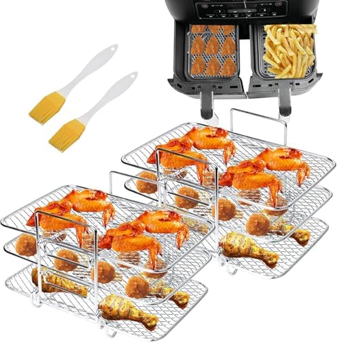 Air Fryer Rack Compatible with Ninja DZ201 DZ401 PowerXL Double Basket Air Fryers Rack, 3-Layers Rack Electric Fryer, 304 Stainless Steel Toast Rack, Multi-Layer Grill Rack, 2 Oil Brush (2 PACKS)