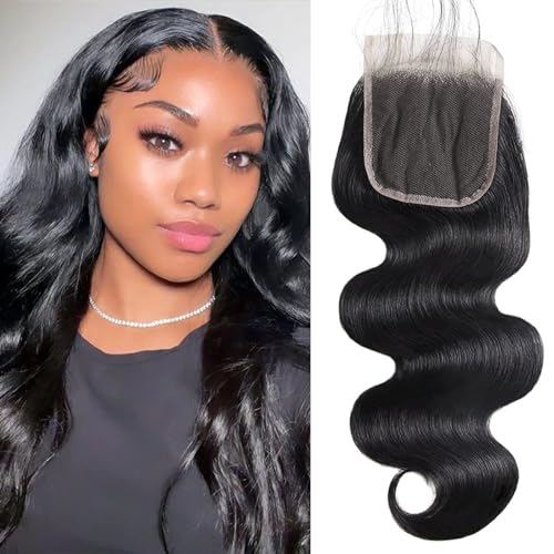 DMKEEP Body Wave 4X4 HD Lace Closure 12A Brazilian Human Hair Closure Free Part Lace Closure 100% Unprocessed Virgin Human Hair Weave Swiss Lace Closures With Baby Hair Natural Color 20 Inch