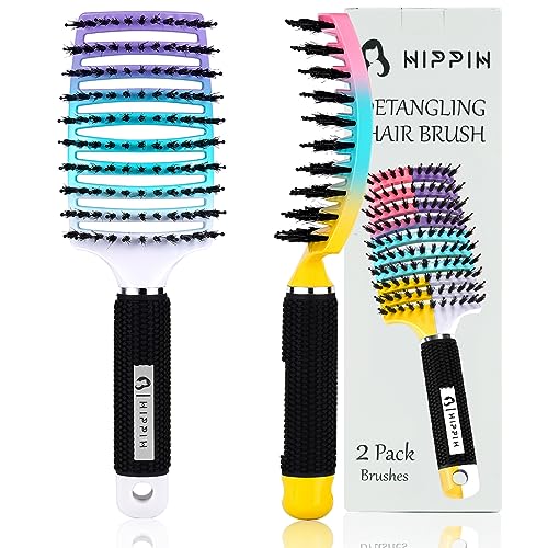 Hair Brushes for Women, HIPPIH Boar Bristle Hair Brush, Detangler Brush for Curly Hair, Vented Hairbrush Mens, 2Pack Detangling Brush for Black Natural Hair Blow Drying