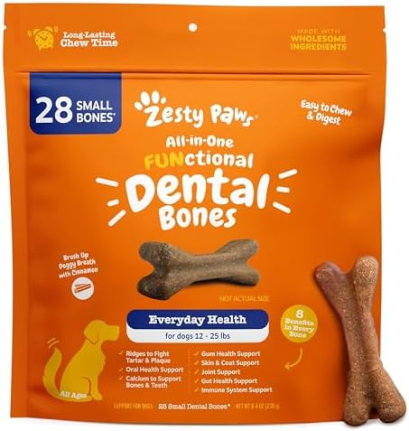 Zesty Paws Dental Bones - Fights Tartar & Plaque - Gum, Teeth & Bone Health - Cinnamon for Dog Breath - Immune, Joint, Gut, Skin & Coat Support - Omega 3 EPA & DHA and Calcium - Small Dogs - 28 ct…