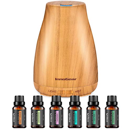 InnoGear Essential Oil Diffuser with Oils, 150ml Aromatherapy Diffuser with 6 Essential Oils Set, Aroma Cool Mist Humidifier Gift Set, Yellow Wood Grain