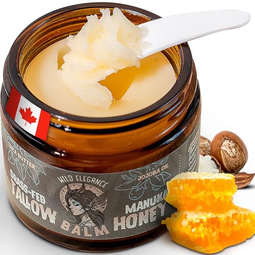 Beef Tallow and Honey Balm for Skin - Grass-Fed, Grass-Finished Face and Body Cream, Moisturizer for Dry Skin and Eczema, Shea Butter, Jojoba, Almond Oil, Beeswax, Unscented, Made in Canada, 2 oz