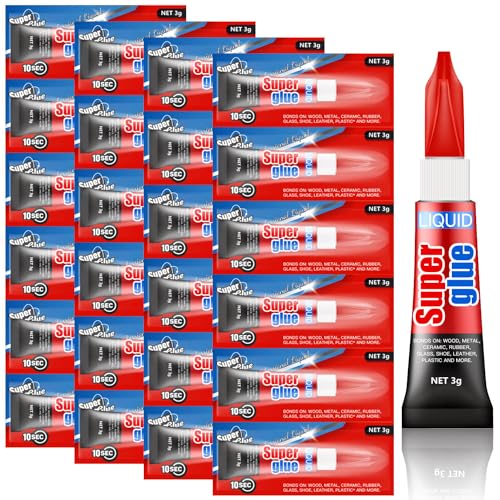 Super Glue, 24-Pack Single-Use Tubes 3 Gram Each, Super Fast, Liquid & Strong Adhesive Superglue, Glue for Hard Plastics, DIY Craft, Ceramics, Frame, Leather, Metal Etc