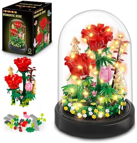 HOGOKIDS Flower Bouquet Building Kit with LED Lighting - 596 PCS Rose Sets with Cover Botanical Building Blocks | Birthday Mini Bricks Valentines Day Gift for Adult Girlfriend Wife (Red Roses)