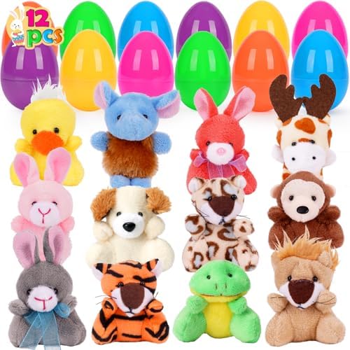 KAFKA 12 Pack Prefilled Easter Eggs with Animal Plush, 3.15Inch Plastic Easter Eggs for Kids Easter Hunts, Basket Stuffers, Theme Party Favor