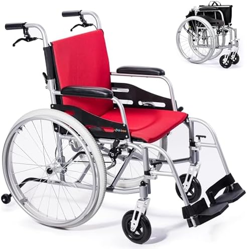 SUMELL Magnesium Lightweight Wheelchair - FSA HSA Eligible 21lbs Self propelled Chair with Travel Bag and Cushion, Portable and Folding 17.5” W Seat, Park & Brake Anti Tipper, Ultra Light, Red