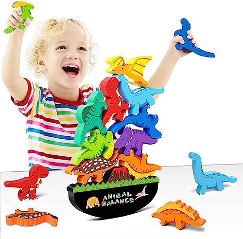 FFTROC Montessori Dinosaur Toys for 2 3 4 Year Old Boys - Wooden Stacking Dinosaur Toys for Kids 2-4 3-5, Toddler Balancing Block Sets