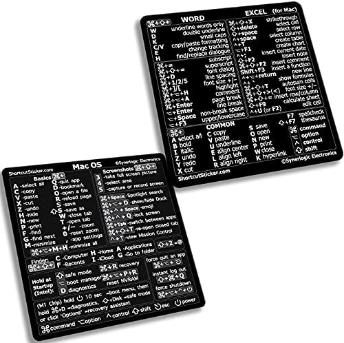 Synerlogic (5 Sets) Mac OS + Word/Excel (for Mac) Shortcuts, No-Residue Laminated Vinyl Stickers - for MacBook Air/Pro/iMac/Mac/Mini (Black/5)