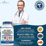 Liberty Lifestyle Sea Moss 3000mg Black Seed Oil 2000mg Ashwagandha1000mg Burdock 1000mg Root Mineral Support (120)