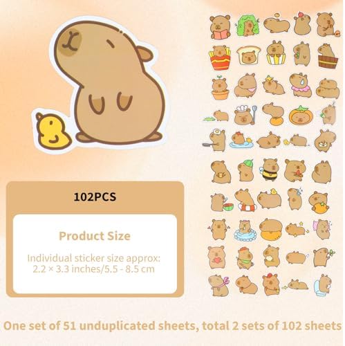 102Pcs Capybara Stickers, Kawaii Stickers Cute Animal Sticker Waterproof Vinyl Brown Cartoon Animal Decals for Water Bottle Laptop Luggage Snowboard Guitar Scrapbook Skateboard Phone
