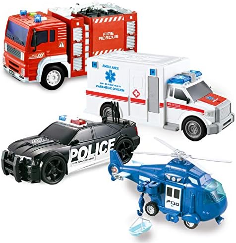 JOYIN 4 Packs Emergency Vehicle Toy Playsets, Friction Powered Vehicles with Light and Sound, Including Fire Truck, Ambulance, Play Police Car and Helicopter, Christmas Toddler Kids Boys Gifts