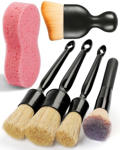 6PCS Car Detailing Brush Set, Ultra Soft Boars Hair Detail Brushes, Automotive Cleaning Brush Kit for Wheels, Air Vent, Leather Seats, Vehicles Auto Exterior Interior Detailing Brushes Tool