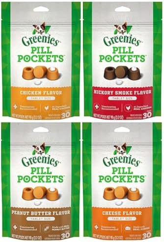 Pet Faves (4 Flavors) Pill Pockets for Dogs Tablet Size Natural Soft Dog Treats, Chicken, Hickory Smoke, Peanut Butter, and Cheese Flavor, 3.2 oz. Pack (30 Treats Each)
