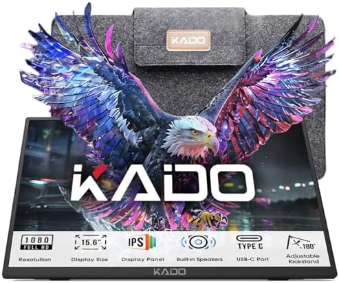 Kado Portable Monitor 15.6'' FHD 1080p, Ultra-Slim Laptop Monitor 1920x1080 with Built-in Speakers, IPS Display 180° Kickstand Wall/Arm Mount for PC, Mac, Phone, Xbox, PS5, USB-C & HDMI Connectivity
