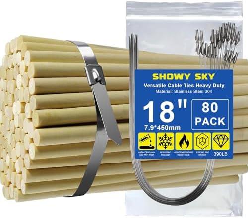 Metal Cable Zip Ties, 80Pcs Stainless Steel Zip Ties 390 Lbs 304 Heavy Duty Self-Locking Strap Ties, 18Inch Steel Cable Tie for Exhaust Wrap, Garden Ties, pipes, Poultry Fence
