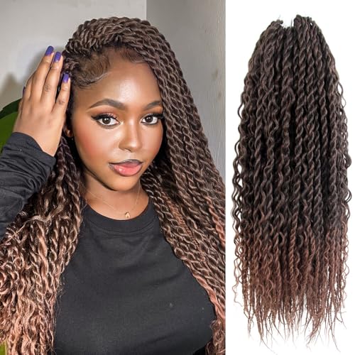 NISEYO Boho Senegalese Twist Crochet Hair 18 Inch, 8 Packs Pre-looped Curly Ends, Ombre Medium Dark Brown Pretwisted Goddess Island Passion Twist Crochet Braids (120 Strands,T30)