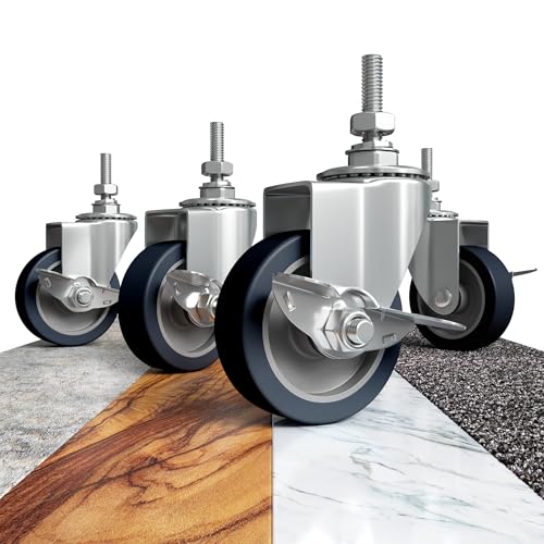 3 Inch Casters, Caster Wheels, Casters Set of 4, Locking Casters, Castor Wheels, Rubber Casters, Wheels for Wire Shelving Racks, Casters for Wire Shelving, Heavy Duty, Black, 5/16-16 x 1.5 Stem