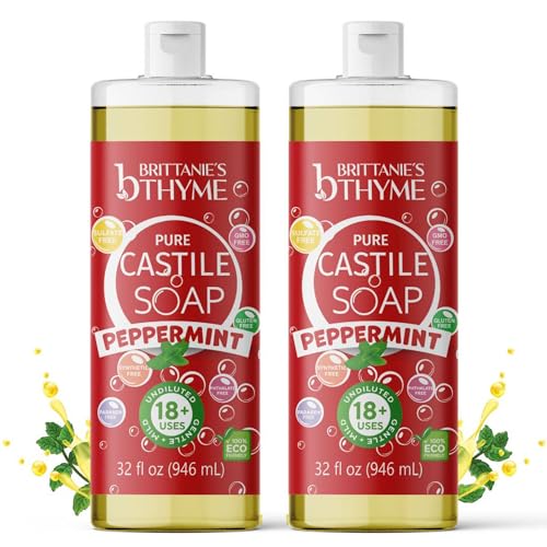 Brittanie's Thyme Pure Castile Liquid Soap Refill (Peppermint, 32 oz Pack of 2) | For Hair & Body, Gentle and Pure, Made with Natural Luxurious Oils, Vegan & Gluten Free Non-GMO