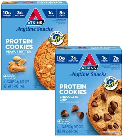 Atkins Peanut Butter & Chocolate Chip Protein Cookies, Protein Dessert, Rich in Fiber, 3g Net Carb, 1g Sugar, Keto Friendly, 4 Count Each