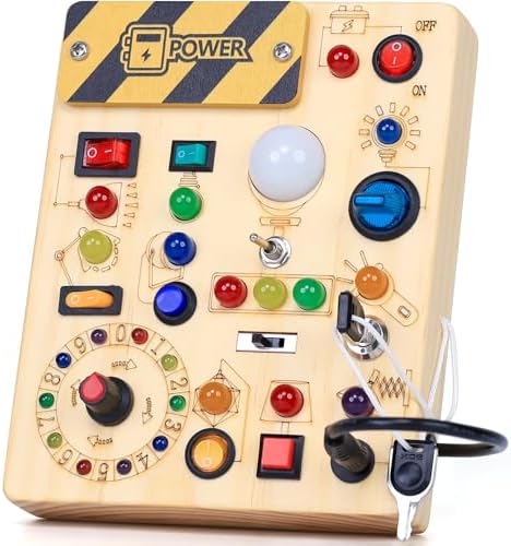 iHarPro Busy Board with 13 LED Light Switches, Montessori Toys for 1+ Years Old, Wooden Sensory Board, Toddlers Activity Travel Toys for 1 2 3 Year Old Boy & Girl Birthday Gift