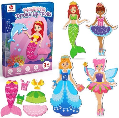 Mocoosy Magnetic Dress Up Dolls for Girls, Princess Mermaid Fairy Ballerina Magnet Dolls Dress Up Kits, Travel Game Car Road Trip Airplane Activity Toys Easter Gifts for Toddler Girls Ages 3 4 5 6 7