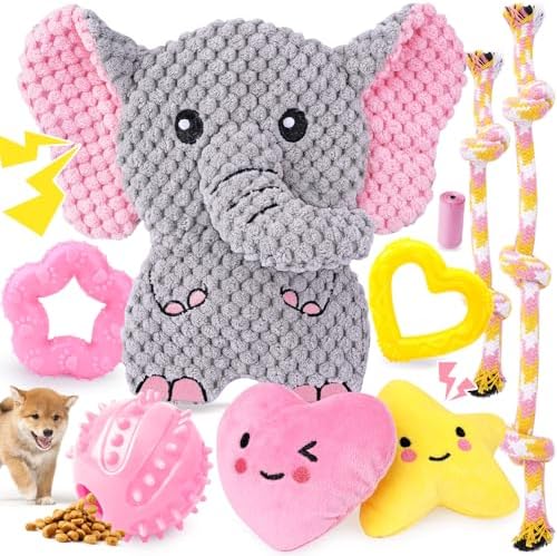 XIUGOAL Pink Puppy Toys - 9 Pack Dog Chew Toys for Teething, Enrichment Dog Toys for Small Dogs to Keep Them Busy, Squeaky and Crinkle Plush Toys for Boredom