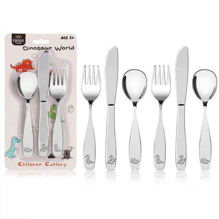 Lehoo Castle Kids Silverware Stainless Steel 6 Piece - Toddler Spoons and Forks Knife Set, Metal Kids Cutlery Set, Toddler Utensils Self Feeding (Dinosaur World)