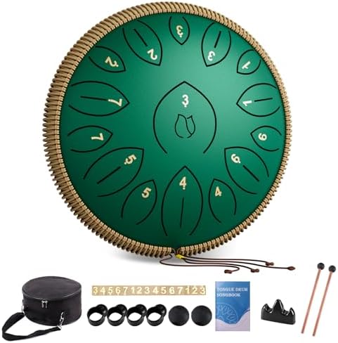 Steel Tongue Drum 12 Inch 15 Notes, Steel Drums Instruments for Kids Adults, Hand Pan Drum with Music Book, Drum Mallets and Carry Bag, Handpan C Major, Green