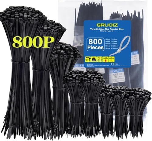 800 Pack Zip Ties Assorted Sizes 4+6+8+10+12 Inch Cable Ties 50lbs Tensile Strength Black Cable Zip Tie Heavy Duty Plastic Tie Wrap Assortment Cord Management for Home,Office,Workshop,Gardening