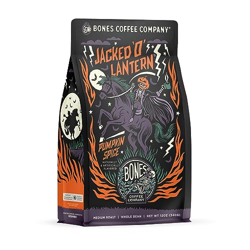 Bones Coffee Company Jacked O' Lantern Flavored Whole Coffee Beans Pumpkin Spice Flavor | 12 oz Medium Roast Arabica Low Acid Coffee | Gourmet Coffee (Whole Bean)