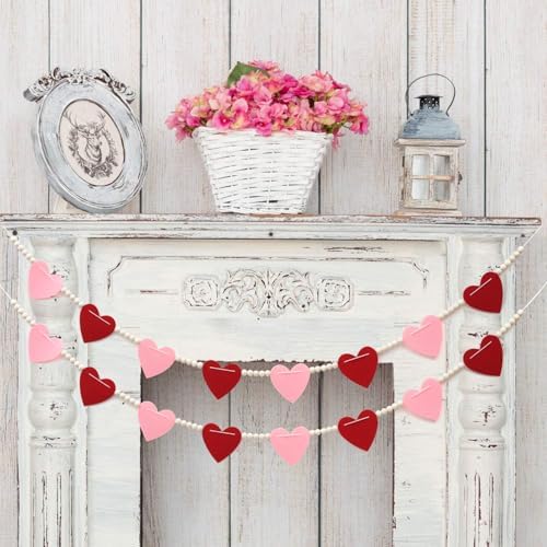 Valentine's Day Decorations Felt Heart Garland Banner, Valentines Day Decor Anniversary Wedding Party Decorations for Home Office Fireplace Mantel Walls NO DIY, Pink Red