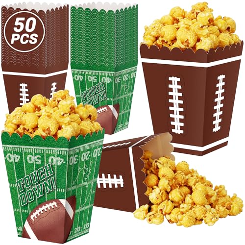 50 PCS Football Popcorn Boxes, Disposable Football Party Supplies Kit, Football Popcorn Buckets, Touchdown Theme Popcorn Container for Football Game Day Celebrations Party Favors