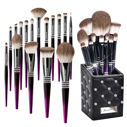 Bueart Design 16PCS Ultra Soft Labeled Makeup Brushes Set with HOLDER case Cosmetic make up brush set (16Pcs Black Rose Red+Holder)