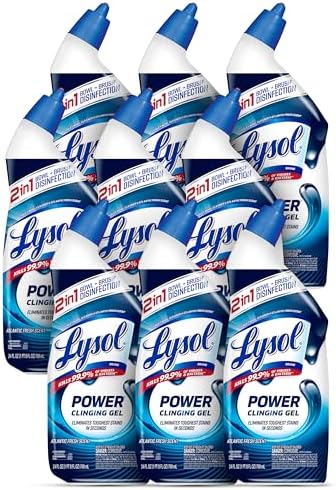 Lysol Toilet Bowl Cleaner, Max Strength Bathroom Cleaning Supplies, Toilet Bowl Cleaner Clinging Gel, Home Essential, Instant Stain Removal, Disinfecting and Deodorizing, Bleach Free, 24 oz (9 ct)
